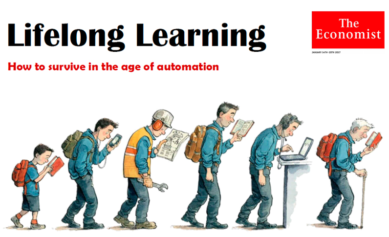 Aprendizado ao longo da vida. Como sobreviver na era da automação. Crédito: The Economist – palestra do Romeo Busarello.